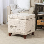 Adeco Fabric Script Pattern Cube Storage Footstool, Hinged Lid, Solid Wood Legs - Image 7