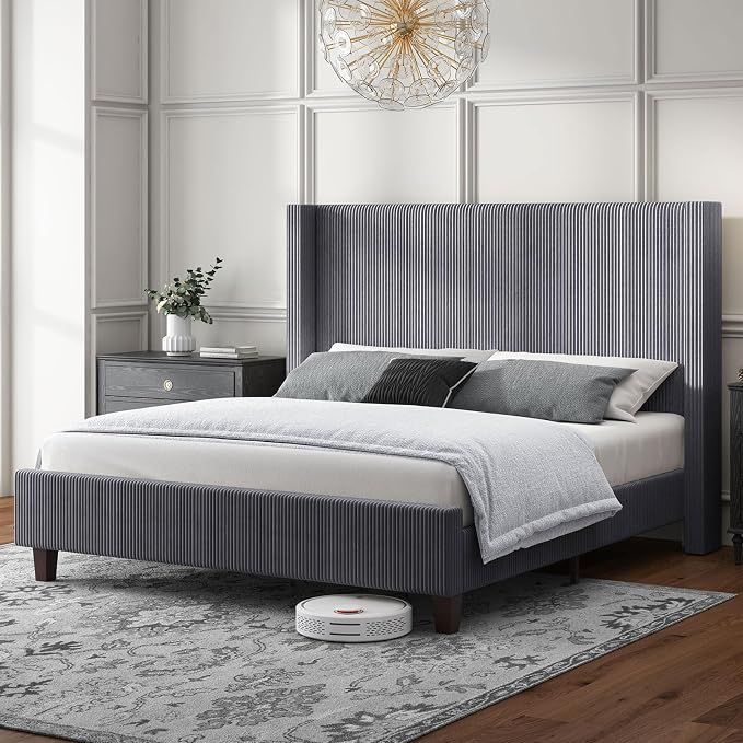 HOWE Queen Size Bed Frame with 50.8" Tall Wingback Headboard, Modern Corduroy by HOWE