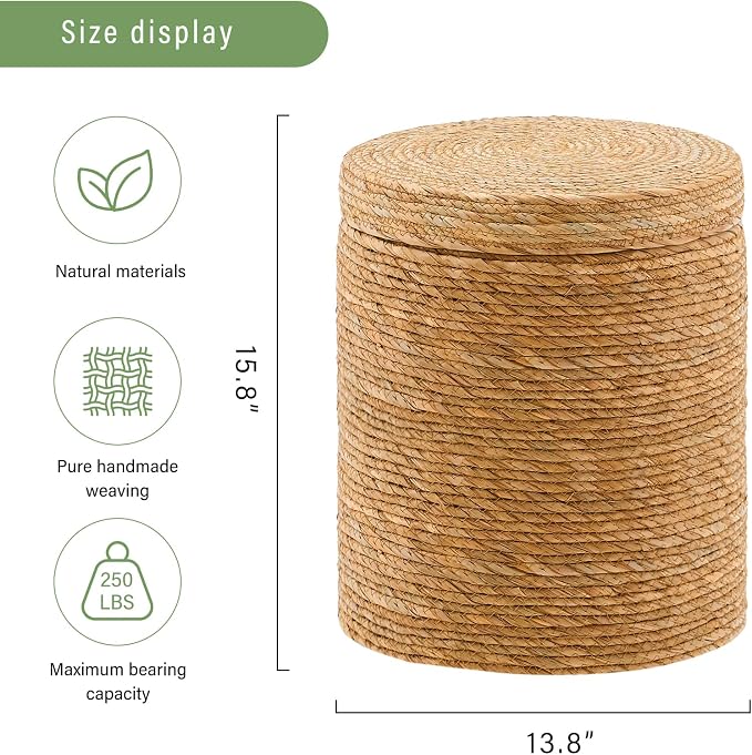 Wimarsbon Round Pouf Ottomans, Handwoven Natural Water Hyacinth Seagrass Pouffe - Image 3