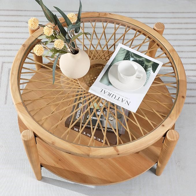RUSTOWN Rattan Coffee Tables, 2-Tier Round Boho Cocktail Tables, Mid Century - Image 5