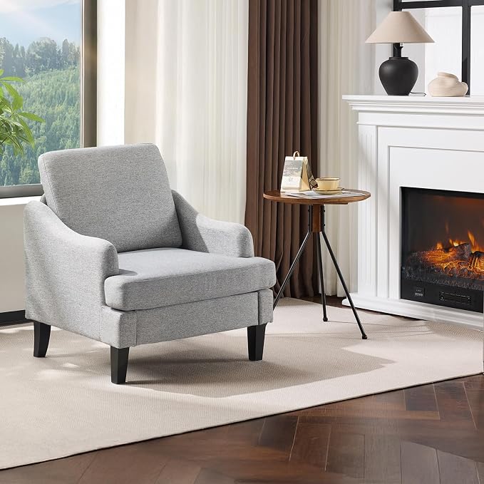 VINGLI Linen Fabric Accent Chair Grey, Modern Upholstered Armchair, Comfy Sofa by VINGLI
