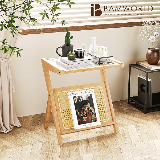 Bamworld Rattan Side Table Boho Night Stand Glass Bedside Small End Tables - Image 3