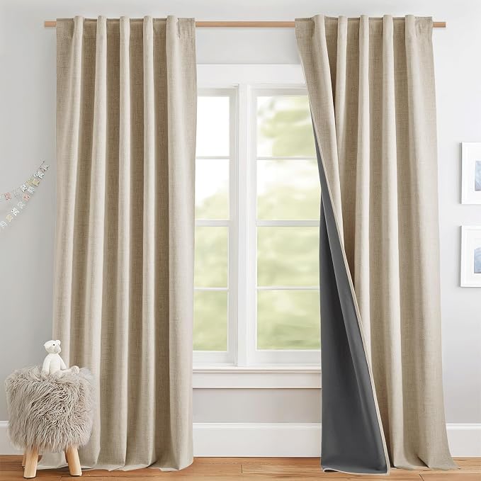 NICETOWN Beige Full Blackout Back Tab Linen Curtains 84" Long 2 Panels Set - Image 2