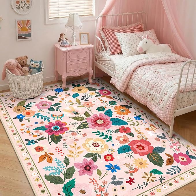 RELEANY Floral Washable 3x5 Area Rugs Pink | Flower Carpet Print Boho Cute Non - Image 3