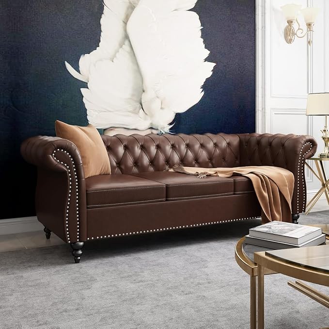 Mid-Century 3 Seater Sofa, Faux Leather Couch by YUCHIATHSoulFurniture