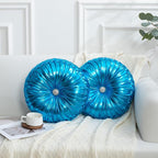 HIG Set of 2 Blue Metallic Leather Decorative Round Pleated Throw Pillows | by HIG
