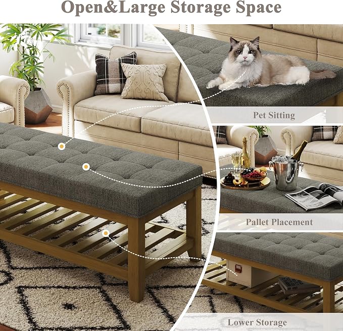Befurtori Large Rectangular Upholstered Ottoman Bench, Linen Tufted Footrest - Image 5