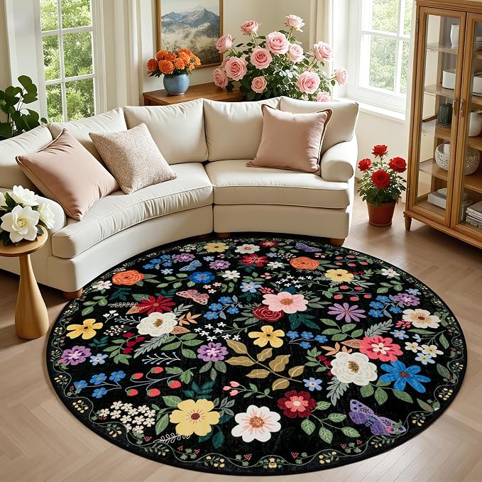 PLHXFR Round Area Rug Living Room: 6 ft Floral Washable Soft Carpet Black | by PLHXFRSoftAreaRugs