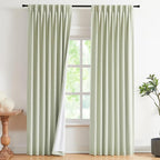 Vision Home Soft Green Pinch Pleated Full Blackout Curtains Linen Blended Room - Image 2
