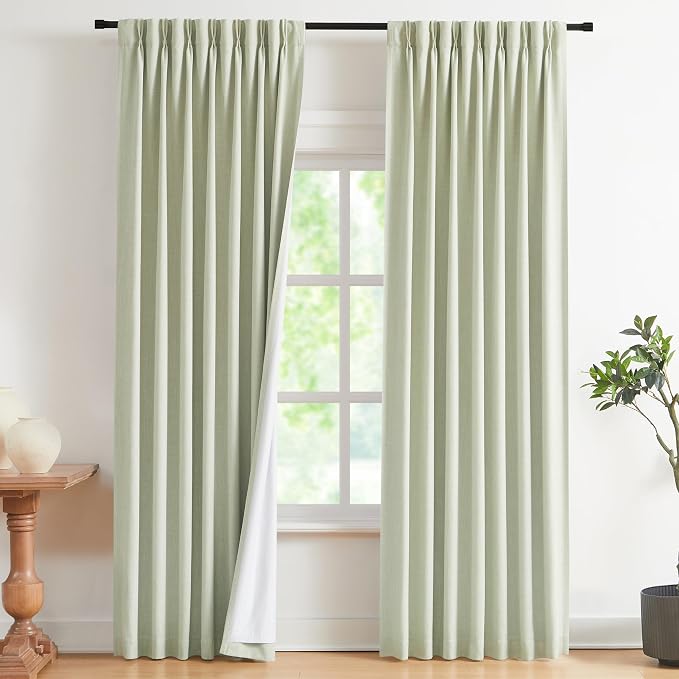 Vision Home Soft Green Pinch Pleated Full Blackout Curtains Linen Blended Room - Image 2