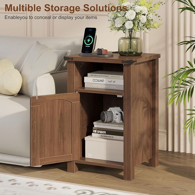 Farmhouse Nightstand with Charging Station, Rustic Bedside Table with Large - Image 5