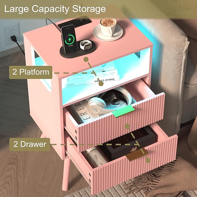 JOONEE Pink Nightstand with Charging Station and LED Lights, Modern Bedside - Image 4