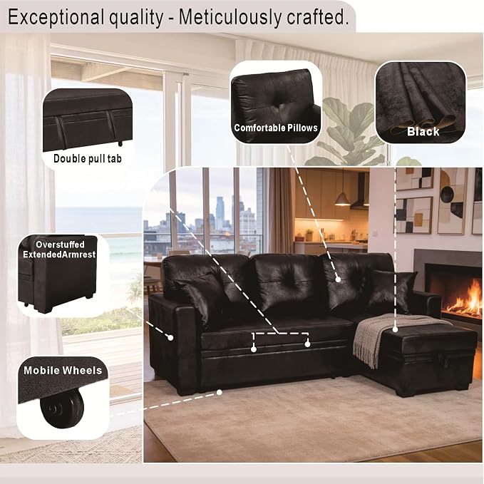 L Shaped Sectional Couch with Storage and Pull Out Bed, 3 Seater Sleeper Sofas - Image 8