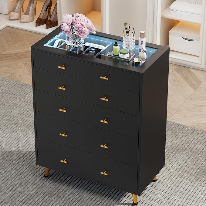 Drawer Dresser with LED Lights, 30.7" W x 39" H Tall Tempered Glass Top Dresser by DesignedforYourHome