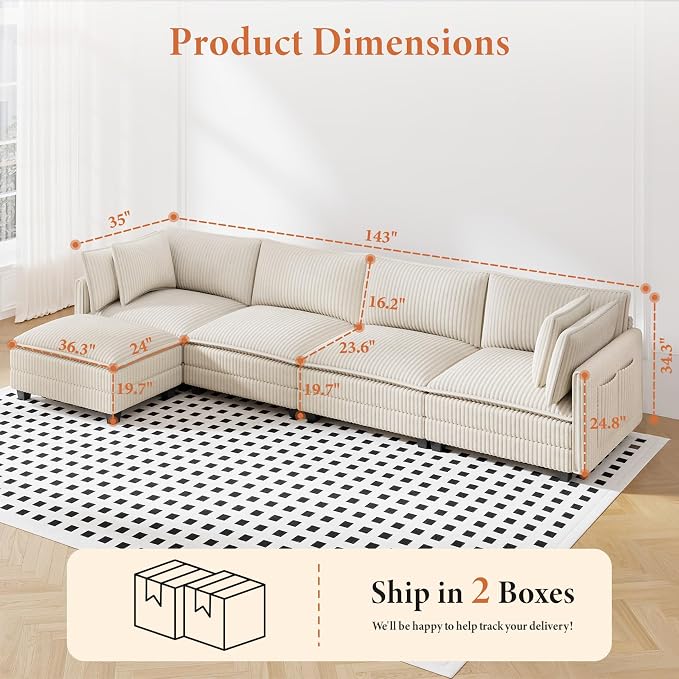 Vesgantti 143" L Shaped Modular Sectional Sofa, Comfy Corduroy Upholstered - Image 2