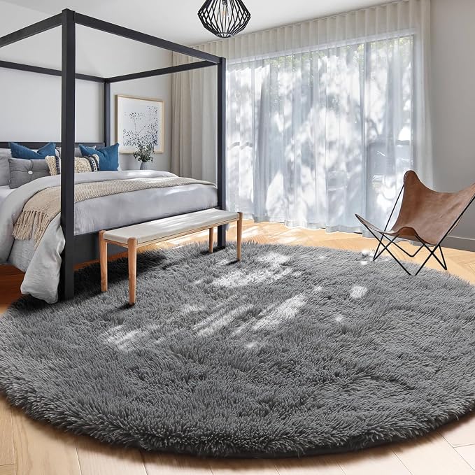 Amdrebio Grey Furry Big Round Area Rug 6Ft - Image 6