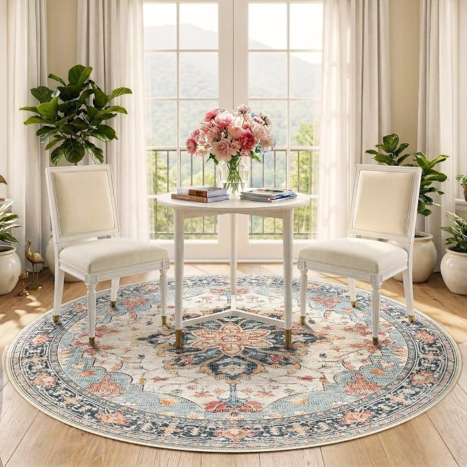 RELEANY Washable Area Rug, Round 5ft, Water Repellent, Pet Friendly, Vintage - Image 3