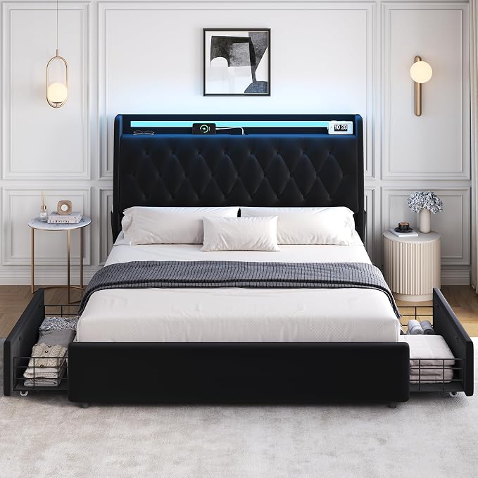 Full LED Velvet Bed Frame with 2 Storage Drawers&Hidden Headboard, Upholstered - Image 9