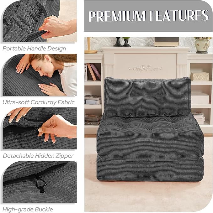 HABUTWAY Folding Sofa Bed, Convertible Sleeper Chair Bed w/Dual-Pillow & Handle - Image 6