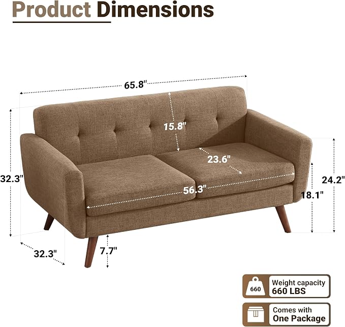 Tbfit 65" W Loveseat Sofa, Mid Century Modern Decor Love Seat Couches - Image 2