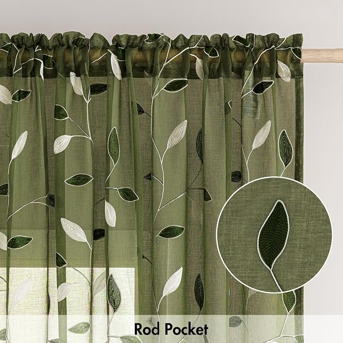 MIULEE Olive Green Sheer Curtains 2 Panels Leaf Patterned, W52 x L84 | - Image 6