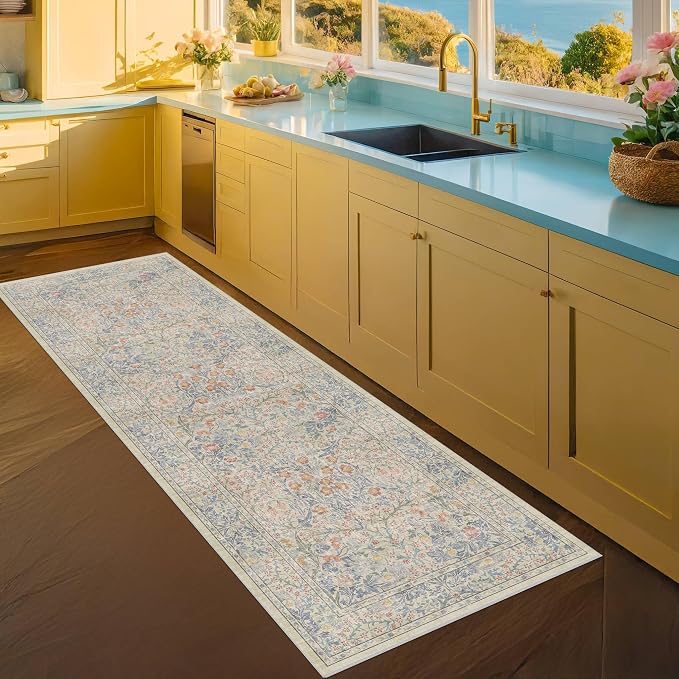 Non Slip Beige Blue Hallway Runner Rug - Image 6