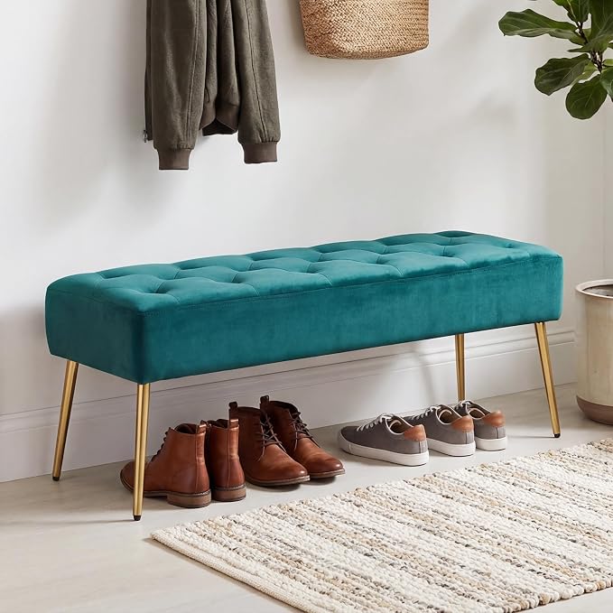 DUHOME Modern Velvet Bench Ottoman, Upholstered Bedroom Benches Footrest Stool - Image 2