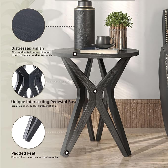 Pedestal Farmhouse End Table, Distressed Top - Image 3