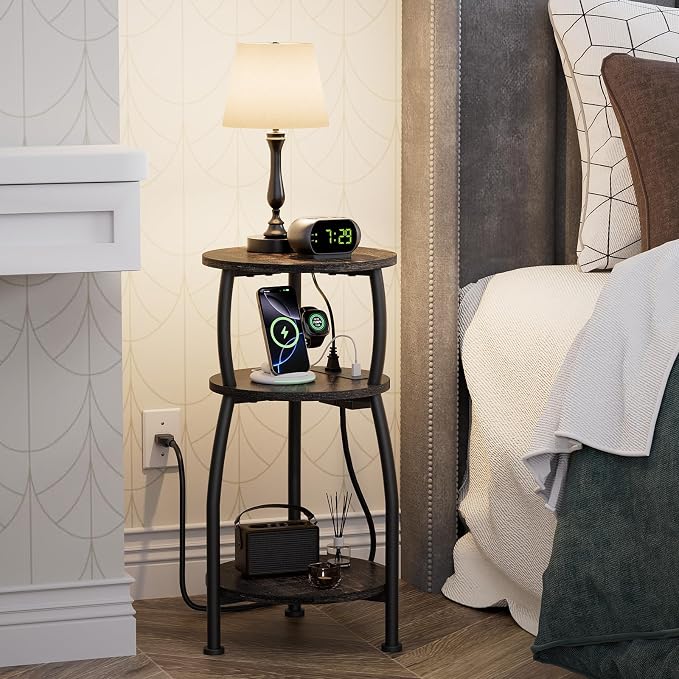 Round Side Table with Power Outlet & USB Ports, 3-Tier End Table with Storage - Image 2