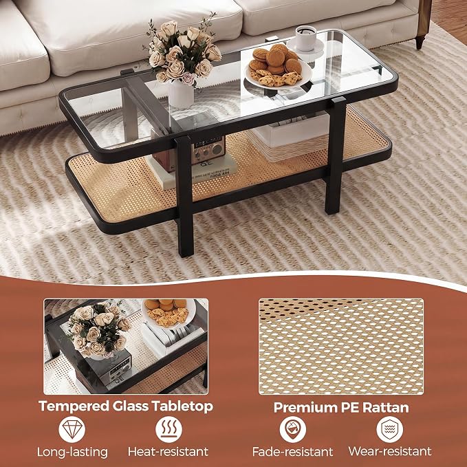 Giantex Rattan Coffee Table, 47.5" Rectangle Solid Wood Tea Table w/Tempered - Image 6
