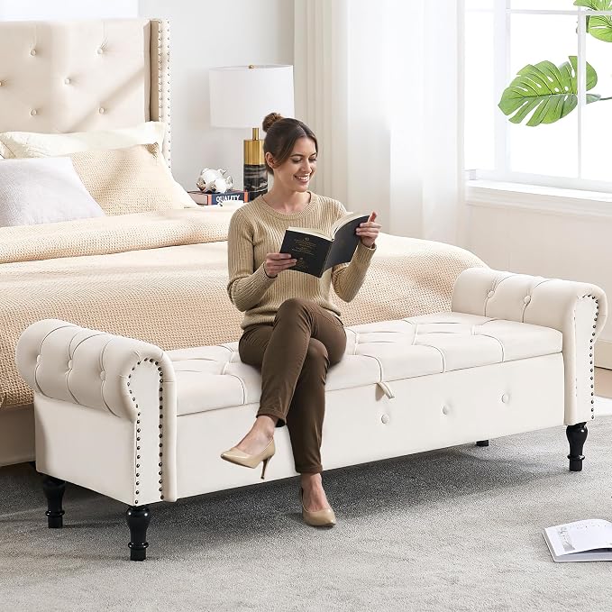 Storage Bench for Bedroom, Velvet 67" End of Bed Bench, King Size Bench - Image 6