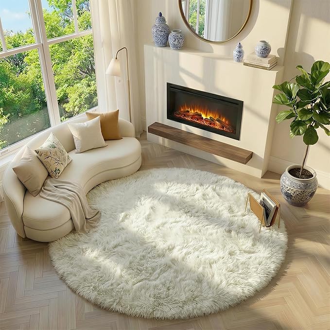 Amdrebio Cream Ivory White Round Fuzzy Rug 4Ft - Image 3