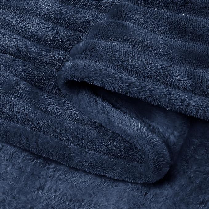BEDELITE 3D Ribbed Navy Blue Fleece Throw Blanket - Image 6