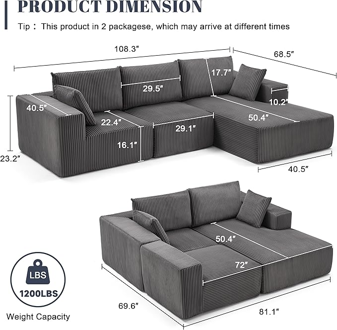 Weture 108” Modular Sectional Sofa, Cloud Sectional Couch - Image 3