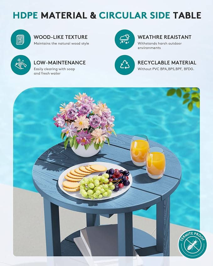 SERWALL Round Outdoor Side Table Set of 2, HDPE Small Adirondack Double End - Image 3
