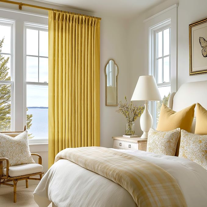 Pinch Pleated Mustard Yellow Linen Curtains 84 Inches Long 2 Panels Set | - Image 6