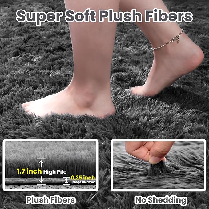 5x7 Fluffy Shag Area Rugs for Living Room Bedroom: Soft Plush Carpet Grey | - Image 5