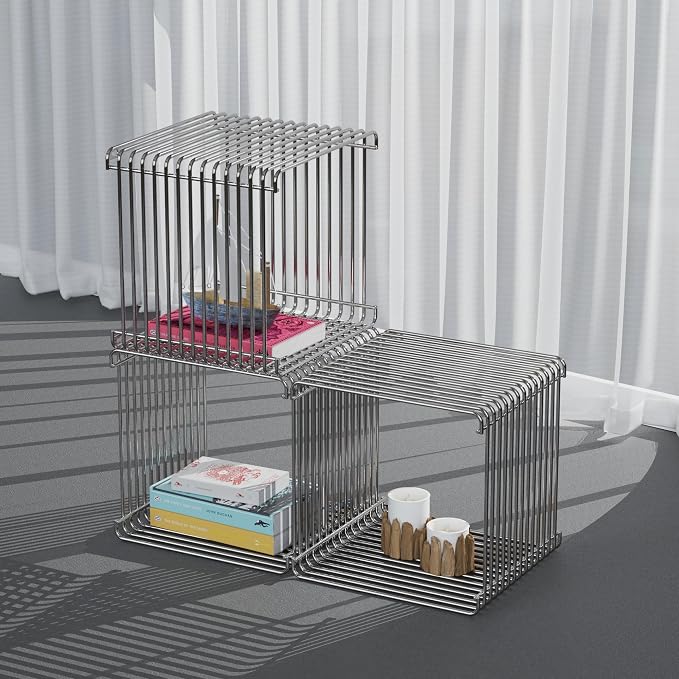 Square Geometry Retro Side Table Prime-Stainless Steel Linear Metal End Table - Image 6