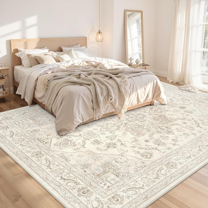 10x14 Area Rugs Living Room: Bedroom Washable Carpet Beige White | Vintage Boho - Image 2