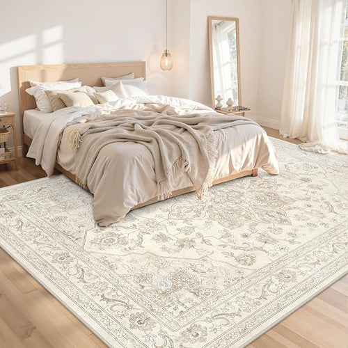 10x14 Area Rugs Living Room: Bedroom Washable Carpet Beige White | Vintage Boho - Image 2