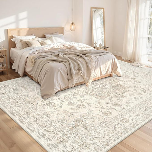 10x12 Area Rugs Living Room: Bedroom Washable Carpet Beige White | Vintage Boho - Image 2