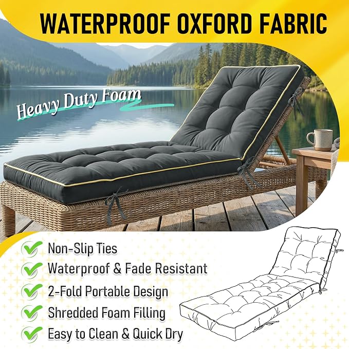 2 Pack 80x26 Inch Folding Chaise Lounge Cushion Quick Dry - Image 3