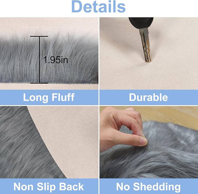 Grey Round Rugs for Bedroom, 4x4 Ft Fluffy Circle Area Rug for Kids Room - Image 4