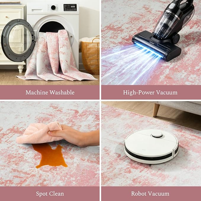 Rugflix 8x10 Area Rugs for Living Room, Washable Pink White Large Rug | Machine - Image 5