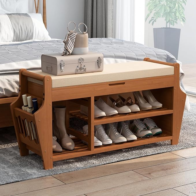 oakvivo 39.4in Shoe Bench with 2 Side Holder, 3 Tier Bamboo Entryway Bench with - Image 8