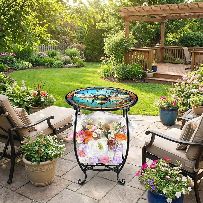 Cinnvoice Outdoor Side Table Round Small Mosaic Patio Accent Indoor End Plant - Image 2