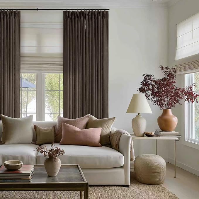 Dark Chocolate 80 Inch Pinch Pleated Semi Sheer Linen Curtains 2 Panels | - Image 6