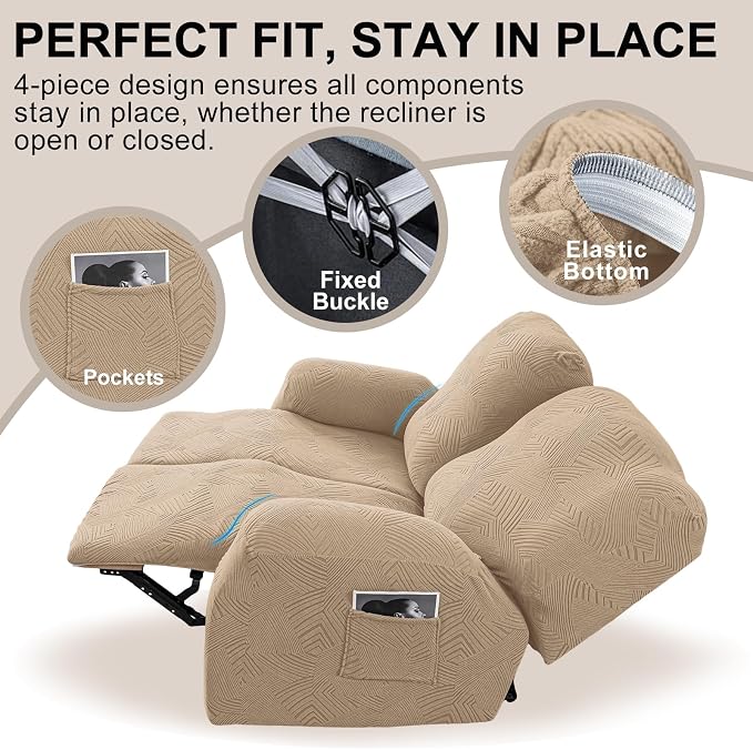 Recliner Loveseat Covers, 4-Piece Stretch Geometric Strokes Jacquard Reclining - Image 4