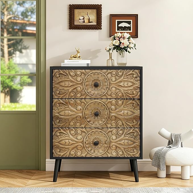 Carved Black Wood Nightstand, 3 Drawers Accent Cabinet, Vintage End Table by LFGUIZO