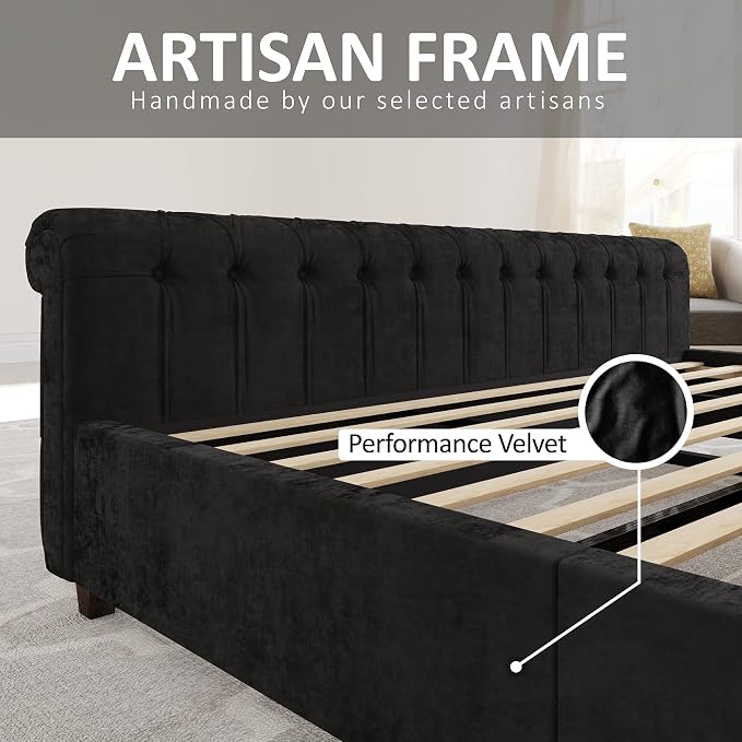 AMERLIFE King Size Platform Bed Frame, Velvet Upholstered Sleigh Bed - Image 7